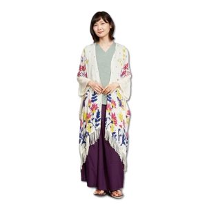 Hana Nishiki Fringe Long Cardigan Haori Floral Pattern Modern Japanese Clothing Women's UV Protection Kimono Japan Japanese Pattern Japanese Style Kimono Kyoto Asakusa Yukata Mother's Day Wamonoya Kaya Favolic (Beige.HY)