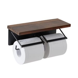 Ricomen Toilet Paper Holder, Double Type, 2-Row, with Top, Natural Wood, Pine, Load Capacity 5kg, with Shelf, Iron, Wood Grain, Decorative Shelf, Stylish, Modern, Scandinavian, Antique, Double (Brown x Black)