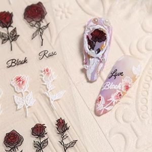 New Embossed Rose Flower Nail Stickers Retro Style 5D 3D Embossed Rose Flower Butterfly Nail Decals Black White Rose Blood Stained Rose 3 Styles Self-Adhesive Nail Stickers for Nail Art Decoration (3 Sheets)