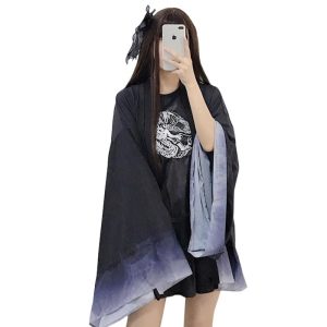 [RomelCheo] Blue Gradient Japanese-style Cardigan, Haori Cardigan, Kimono Sleeves, Volume Sleeves, Flare Sleeves, Oversized, Loose Fit, Japanese Style, Asian, Women's, Mode Fashion, Harajuku Style, Blue Letter Style, Casual Fashion, Romel Cheo (Black)