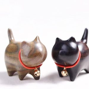 WOWTAC Cat Figurine, Wooden, Cat Goods, Gardening Cat, Gift Box Packaged, Lucky Cat, Set of 2 (Green Ebony + Ebony)…