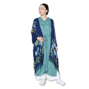 Hana Nishiki Fringe Long Cardigan Haori Floral Pattern Modern Japanese Clothing Women's UV Protection Kimono Japan Japanese Pattern Japanese Style Kimono Kyoto Asakusa Yukata Mother's Day Wamonoya Kaya Favolic (Navy.HY)