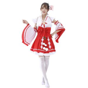 Traditional Japanese Kimono Anime Cosplay Costume for Women Short Kimono with Obi Gothic Lolita Yukata Dress Maid Outfit (09# White)