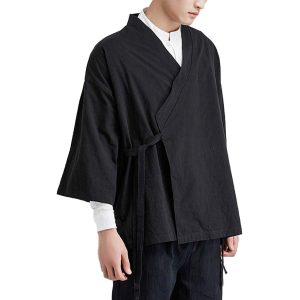 [WBooo] Men's Haori Jacket, Open Collar Shirt, Japanese Style Cardigan, Jinbei Style Kimono, Yukata, 3/4 Sleeves, Men's Kimono, Single Layer, Summer Clothes, Autumn Clothes (714-Black, XXL)