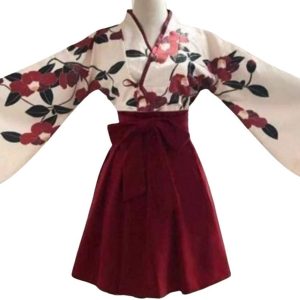 [Lady Lazy] Taisho Romance Hakama Japanese Clothing Kimono Hanfu Cosplay Ethnic Costume Women's Short Camellia Pattern (Red, L)