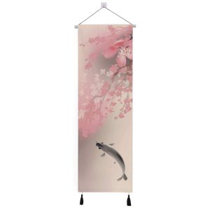 Hanging scroll, tapestry, vertical, hanging, tokonoma, popular, stylish, redecoration, decoration, decoration, mural, decorative items, canvas print, art poster, interior, room decoration wall, wall decoration, individuality, wall art, decorative painting, painting, Japanese painting, pink, Japanese style, carp, cherry blossom, sakura