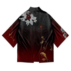 [Dudode] Fox Sakura Kimono Japanese Style Hanten Long Hanten Hanten Happi Festival Costume Event Festival Festival Mikoshi Japanese Style Sunscreen Long Sleeve Open Collar Shirt Thin Men Women Unisex Free Size (Flowers and Branches)