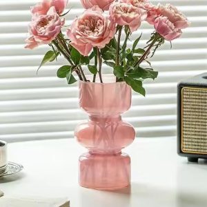European modern table glass vase, glass vase, unbreakable, large, stylish, flower vase, fashionable, Nordic, Italian, black, stylish, vase, dried flowers, flower arrangement, artificial flowers (PINK, 18cm)