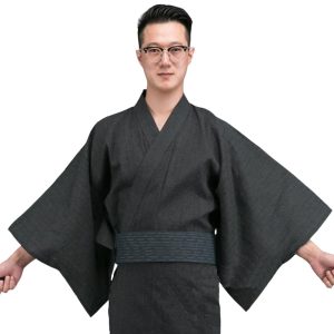 [Akurudo] Yukata for Men, Japanese Clothing, Square Belt, 2-Piece Set, Striped Pattern, Kimono, Easy to Wear, Men's Yukata Set, Plain, Simple, Soft to the Touch, Gentlemen's, Front Opening, Nightwear, Roomwear, Men, Japanese Style, Fireworks Festival, Bon Festival (Black, L)