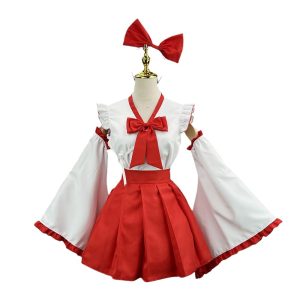 [RPFLQ] Shrine Maiden Cosplay Red White x Red Fox Maiden Women's Dress Japanese Style Kimono Lolita Ruffles Everyday Moe Halloween Costume Women's Costume Cute School Festival Event Headband Knee-high Socks (M)