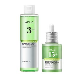 ANUA Azelaic Acid 3 C I CA Skin Clear Toner 150ml + Azelaic Acid 15 Intense Calming Serum 30ml 2-Step Set (Lotion + Serum) Cica Sebum, Exfoliating, Pore Care, Soothing Azelaic Acid Toner + Serum for Combination, Oily, and Sensitive Skin