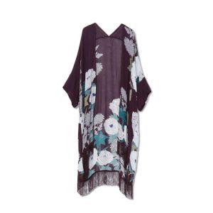 Hana Nishiki Fringe Long Cardigan Haori Floral Pattern Modern Japanese Clothing Women's UV Protection Kimono Japan Japanese Pattern Japanese Style Kimono Kyoto Asakusa Yukata Mother's Day Wamonoya Kaya Favolic (DPurple.BT)