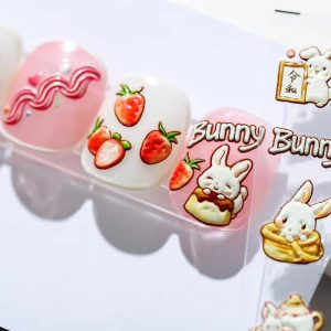 Dedyel New Cute Bunny Nail Art Stickers Decals 5D Embossed Fairy Tale Bunny Strawberry Bunny Nail Art Stickers Cute Cartoon Bunny Self-Adhesive Nail Art Stickers Decals Nail Art DIY Decoration for Women Men Kids Manicure Decoration (3 Sheets)