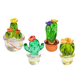 4PCS Handmade Blown Glass Art Cactus Cute Crystal Miniature Cactus Figurines Home Office Desk Tabletop Simulation Plants Decoration Car Interior Decoration