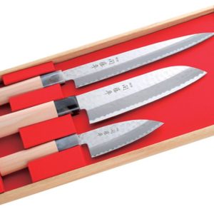 Yakusel Sekito Heisaku Knife Set of 3 Santoku Knife, Sashimi Knife, and Small Deba Knife Made in Japan Beginner's Single-edged Japanese Knife Fish Filleting Hammered Stainless Steel 32057