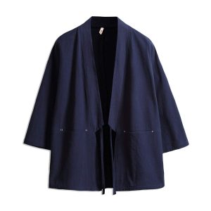 [jastie] Men's Plain Cardigan Summer/Autumn Japanese Casual Shirt 3/4 Sleeve Japanese Style Hoodie Open Collar Shirt Loose Fitted Coat Stylish Plain Retro Dark Taoist Outerwear Japanese Coat Yukata Kimono Fireworks Festival Loungewear UV Protection Big Size Cotton (Navy, 2XL)