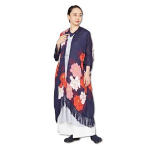 Hana Nishiki Fringe Long Cardigan Haori Floral Pattern Modern Japanese Clothing Women's UV Protection Kimono Japan Japanese Pattern Japanese Style Kimono Kyoto Asakusa Yukata Mother's Day Wamonoya Kaya Favolic (Blue.BT)