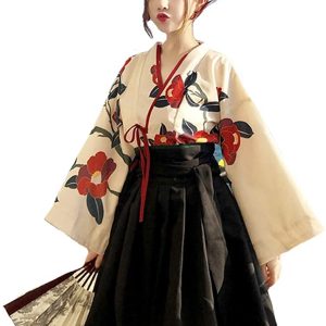 [Lady Lazy] Taisho Romance Hakama Japanese Clothing Kimono Hanfu Cosplay Ethnic Costume Women's Short Camellia Pattern (Black, L)