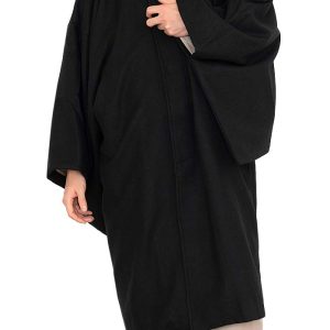 [KYOETSU] Japanese style coat with square sleeves, kimono coat, wool blend, men's (L, black)