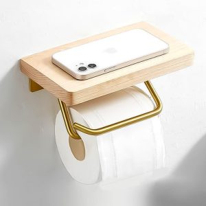 lanzoub Toilet Paper Holder, Wooden, with Shelf, Smartphone Holder, Interior Decoration, Paper Roll Holder, Wall Mounted, Small Item Holder, Toilet Paper Holder, Made of Kanoki Wood and Space Aluminum, Antique Style, Stylish, Paper Holder, No Drilling Required, Easy Installation, Japanese Style, Stain Resistant Top Plate, High Quality (A-Type, Double Hook)