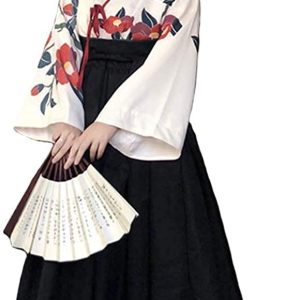 [Lady Lazy] Taisho Romance Hakama Japanese Clothing Kimono Hanfu Japanese Costume Cosplay Ethnic Costume Women's Large Size Cross-dressing Long Camellia Pattern (Black, 3XL)