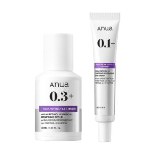 ANUA Retinol 0.3 Niacin Serum 30ml + Retinol 0.1 Caffeine Eye Cream 30g (Serum + Eye Cream) 2-Step Set for Eye Care, Pore Refining, and Moisturizing. For Dry and Combination Skin.