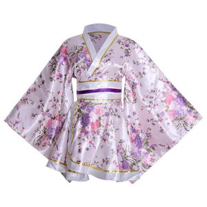 [WBooo] Kimono Mini Dress, Oiran Cosplay, Yosakoi Costume, Satin, Floral Pattern, Japanese Style, Yukata, Short, Bathrobe, Cabaret Dress (SK02-White)