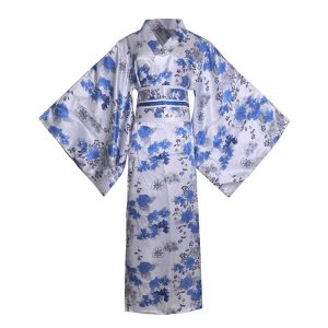 [WBooo] Long Kimono Dress, Oiran Cosplay, Satin, Japanese Pattern, Yukata, Yosakoi Costume, Cabaret Dress, Geisha Costume, Dance, Performance Clothes, Obi Included (LK04-White x Blue White Flowers)