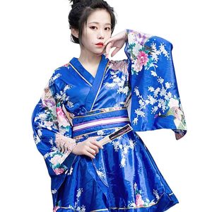 [ZYJ] Women's Kimono Short Yukata Sexy Kimono Mini Dress Floral Plain See-through V-neck Bathrobe Nightgown (Peacock Pattern-Blue) Free Size