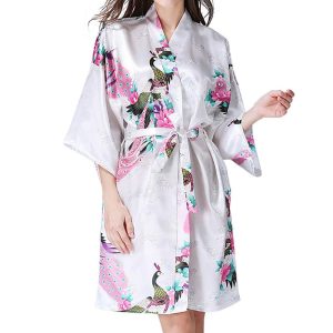 Yukata Japanese Clothing Women's Bathrobe Yukata Style Peacock Pattern Lightweight Above Knee Short Robe Women's Satin Kimono Dress Gown Loungewear White