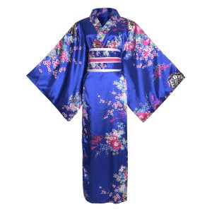 [HONGFU] Traditional Kimono Costume Floral Geisha Yukata Long Robe Bathrobe Nightgown Belt with Bow Costume (01# Long Royal Blue)