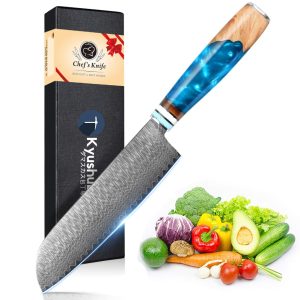 kyushublade Santoku knife Damascus knife Blade length 175mm, All-purpose chef knife for kitchen, Double-edged knife Cooking knife. 67-layer high carbon stainless steel, unique blue resin + wooden handle structure. Sharp, multi-functional cooking utensil for cutting meat, vegetables, and fruits, for cooking, for home use, for commercial use, perfect as a gift