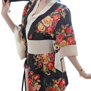 [YuanD] Sexy Short Kimono Robe Japanese Geisha Cosplay Costume Floral Yukata Dress with Obi Belt for Women Lingerie Bathrobe Pajamas (Black Flowers)