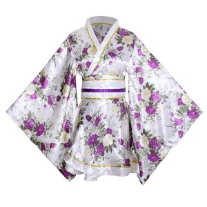 [HONGFU] Women's Short Kimono Costume Floral Long Sleeves Traditional Japanese Geisha Yukata Lolita Dress Sexy Bathrobe Nightgown Robe Belt Outfit (S03# Short Purple)