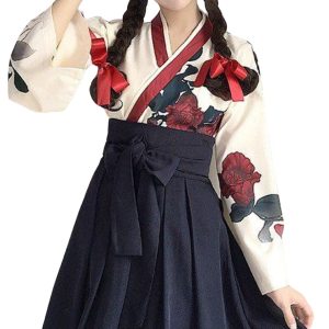 [Lady Lazy] Taisho Romance Hakama Kimono Dress Long Floral Lolita Lolita Clothes Large Size Loose Cute Black Red Floral Plain Gothic Lolita Cosplay Adult Costume Yukata Shrine Maiden Showa Retro Short Rose Pattern (Black, L)