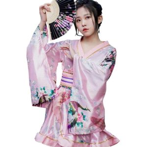 [ZYJ] Women's Kimono Short Yukata Sexy Kimono Mini Dress Floral Plain See-through V-neck Bathrobe Nightgown (Peacock Pattern-Pink) Free Size