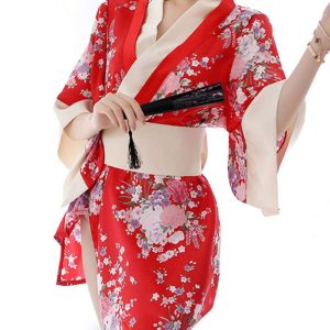 [YuanD] Sexy Short Kimono Robe Japanese Geisha Cosplay Costume Floral Yukata Dress with Obi Belt for Women Lingerie Bathrobe Pajamas (Red Flowers)