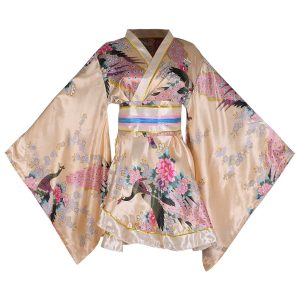 [HONGFU] Women's Sexy Short Kimono Costume Yukata Dress Yukata Dress Satin Floral Japanese Traditional Geisha Robe Bathrobe Belt Costume (M, S27-Yellow)