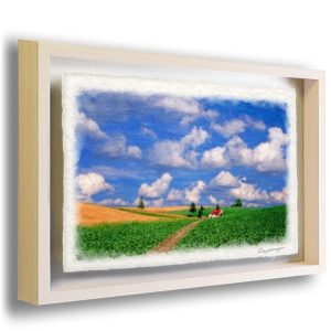 Washi paper picture "Summer clouds, potato fields and the road leading to the red house" Framed 38x27cm Painting Interior Framed Landscape Art Frame Stylish Nordic Feng Shui Entrance Picture Landscape Oil Painting Wall Hanging Art Panel Summer Blue Landscape Natural Memories