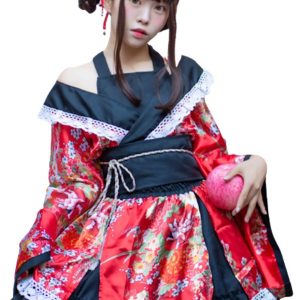 [Lady Lazy] Kimono One Piece Cosplay Japanese Dress Idol Costume Yukata Above the Knee Obi Set (Red, M)