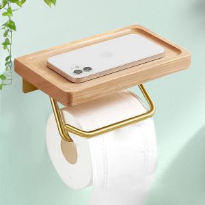 lanzoub Toilet Paper Holder, Wooden, with Shelf, Smartphone Holder, Interior Decoration, Paper Roll Holder, Wall Mounted, Small Item Holder, Toilet Paper Holder, Made of Kanoki Wood and Space Aluminum, Antique Style, Stylish, Paper Holder, No Drilling Required, Easy Installation, Japanese Style, Stain Resistant Top Plate, High Quality (B Type, Double Hook)