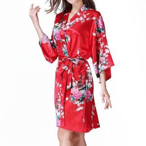 Yukata Japanese Clothing Women's Bathrobe Yukata Style Peacock Pattern Lightweight Above Knee Short Robe Women's Satin Kimono Dress Gown Loungewear Red