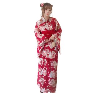 Women's Oiran-style Long Kimono Dress Chiffon Cherry Blossom Japanese-style Yukata Costume Cosplay Costume with Obi (34# Red Rabbit Long)