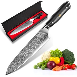 kyushublade Gyuto knife, professional chef knife, Damascus knife, blade length 204mm. All-purpose kitchen knife, Santoku knife. 67-ply high carbon stainless steel, full tang construction & black G10 handle. Long-lasting sharpness, vegetable cutting, meat cutting, fruit cutting, multi-functional, for home cooking and commercial use. Comes with gift box