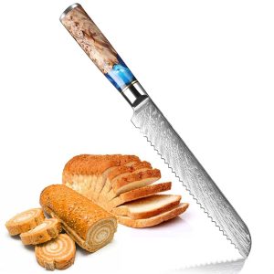 Utaki Bread Knife Damascus VG10 Steel Blade Length 187mm Knife Bread Cutting Knife Serrated Blade The blade shape keeps the bread from losing its shape, making it easy to use