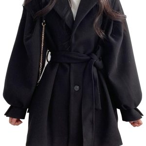 [Sorosis] Spring/Autumn Coat, Casual, for Commuting, School, Dating, Going Out, Cold Protection, Women's Outerwear, Kimono Coat, V-Neck, Belted, Long Sleeves, Jacket, Large Size, Cardigan, Elegant, Women's, Black, XL Size