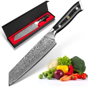 KyushuBlade Knife Sword-shaped (Kiritsuki-type) Gyuto Knife Damascus Knife Blade Length 189mm. Professional Santoku Knife, All-Purpose Kitchen Knife. Hand-Forged Chef Knife, Genuine Damascus Pattern Double-Edged Knife for Left-Handed, Rust-Resistant 67-Layer High Carbon Stainless Steel Cooking Knife. Full Tang Construction & Black G-10 Handle. Long-Lasting Sharpness, Fish Cutting, Meat Cutting, Vegetable Cutting, Multi-Functional, Home Use, Cooking, Commercial Use. Gift Box Included