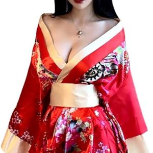 [happykoko] Kimono Mini Dress Oiran Cosplay Sexy Floral Cherry Blossom Kimono Yukata Short Mini Adult Hairpin Included 4 Piece Set (Red)