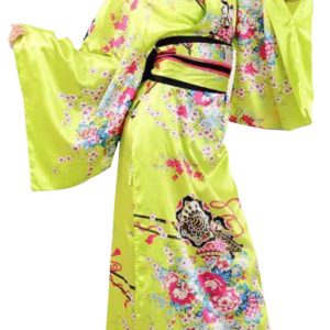 [Lady Lazy] Sexy Kimono Japanese Clothing Cosplay Japanese Long Dress Cos Large Size Uniform Costume Photoshoot Cross-dressing Clothing Cosplay Cute Japanese Style Luxurious Festival Yukata Costume Cherry Blossom Floral Pattern with Obi (Yellow)