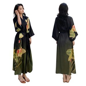 Pajama specialty store, bathrobe for women, thin, silk-touch, gown, summer, loungewear, room wear, long gown, single item, nightgown, lace, satin yukata, yukata style, lightweight, above the knee, long robe, for women